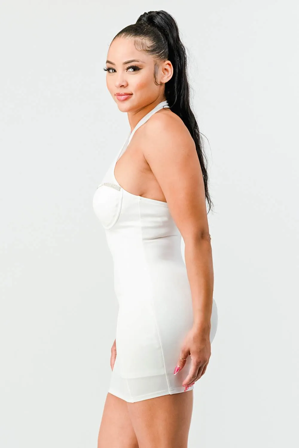 LUX HALTER RHINESTONES SWEETHEART BODYCON DRESS