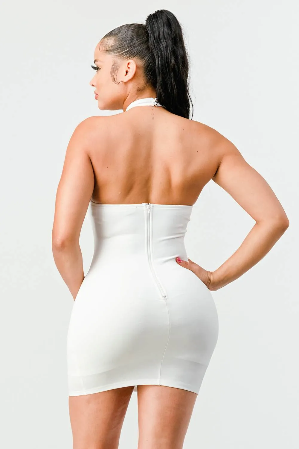 LUX HALTER RHINESTONES SWEETHEART BODYCON DRESS