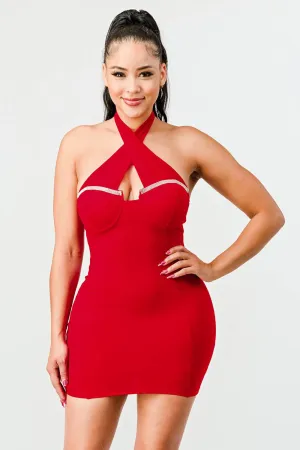 LUX HALTER RHINESTONES SWEETHEART BODYCON DRESS