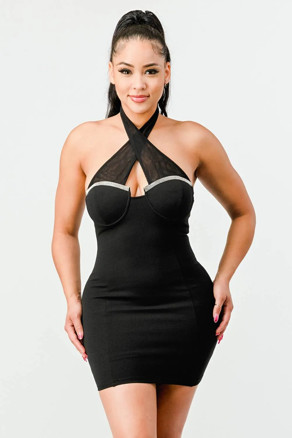 LUX HALTER RHINESTONES SWEETHEART BODYCON DRESS
