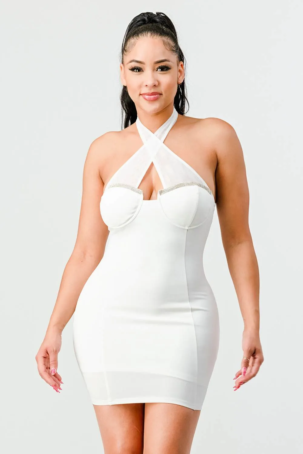 LUX HALTER RHINESTONES SWEETHEART BODYCON DRESS