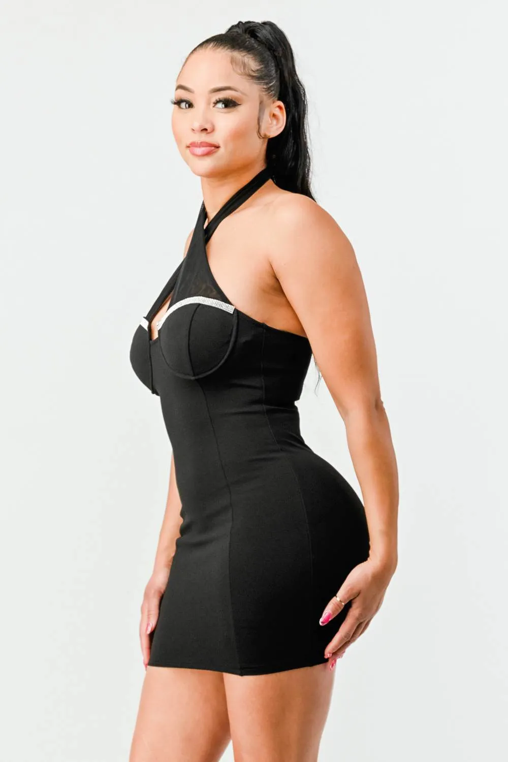 LUX HALTER RHINESTONES SWEETHEART BODYCON DRESS