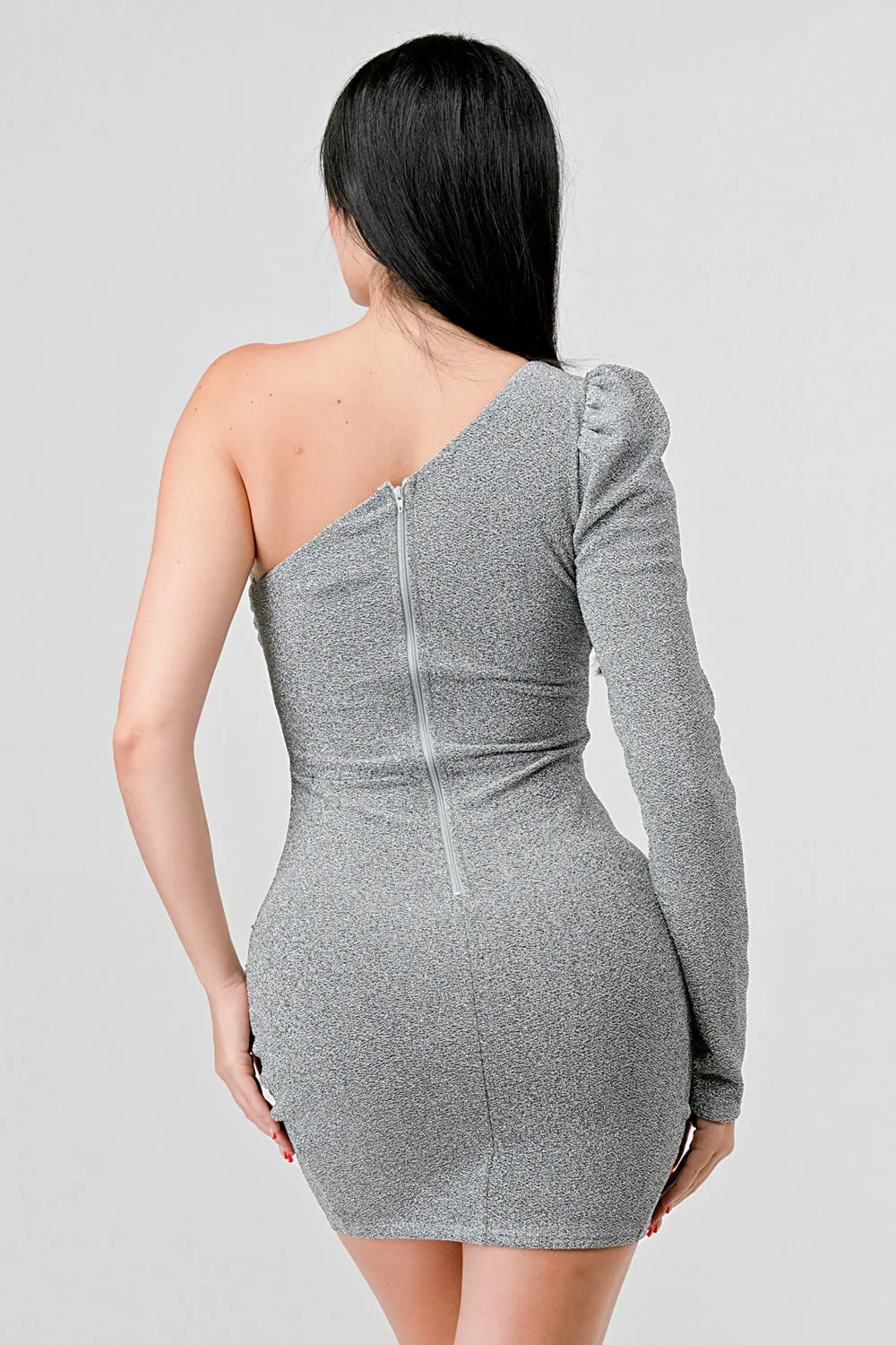 LUX HEAVY CRYSTAL GLITTER ONE SHOULDER MINI DRESS