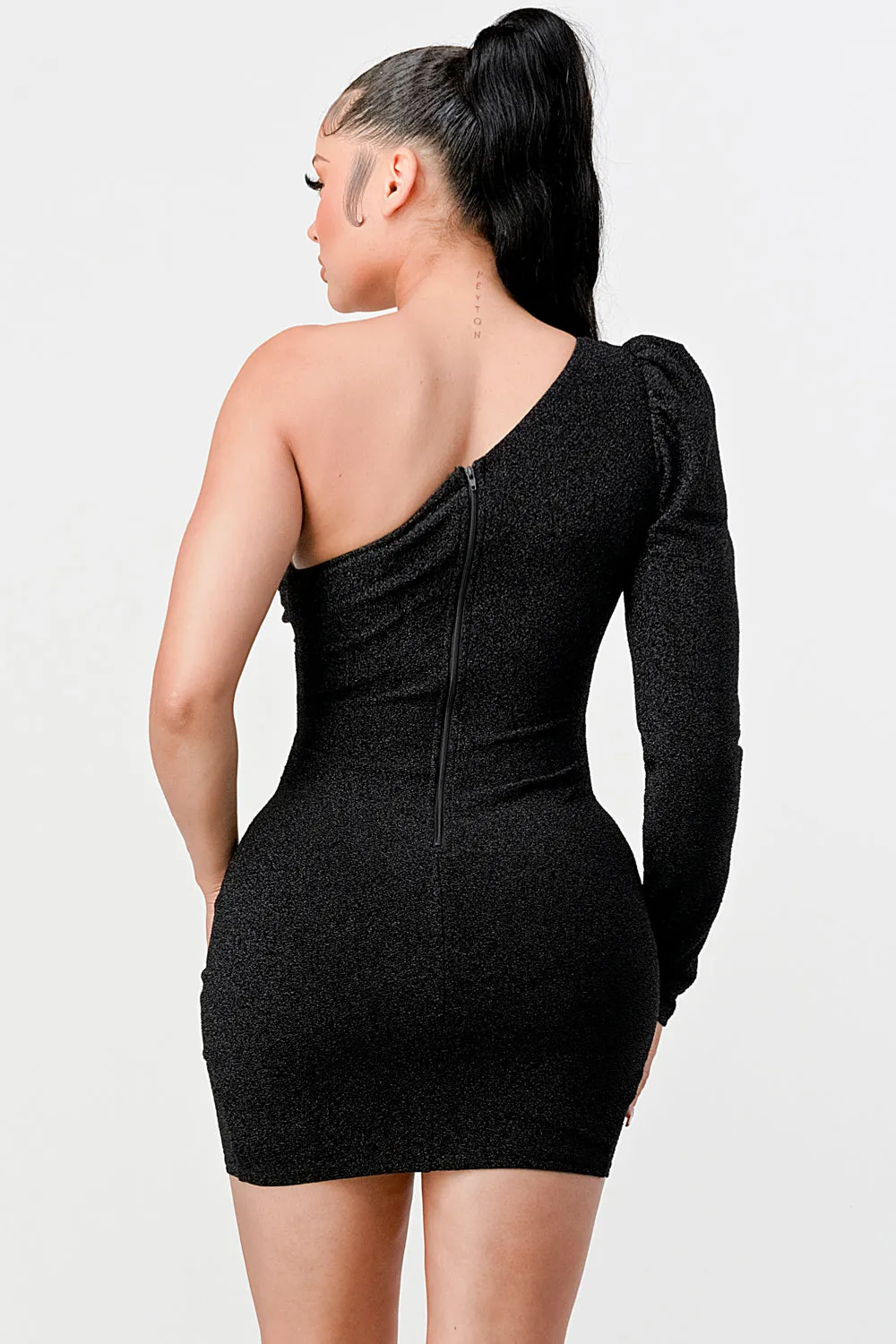 LUX HEAVY CRYSTAL GLITTER ONE SHOULDER MINI DRESS