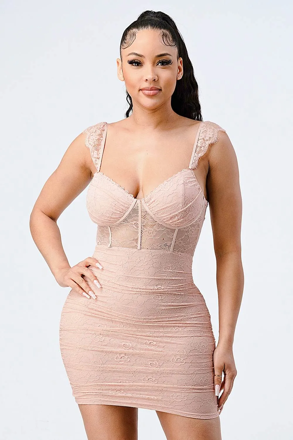 LUX LACE FLUTTER SEE-THRU CONTRAST MINI DRESS