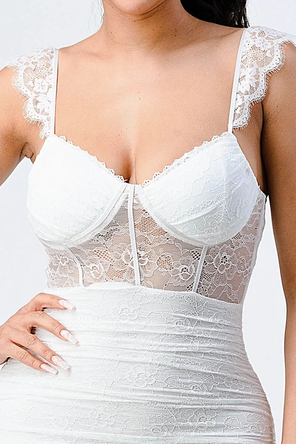 LUX LACE FLUTTER SEE-THRU CONTRAST MINI DRESS