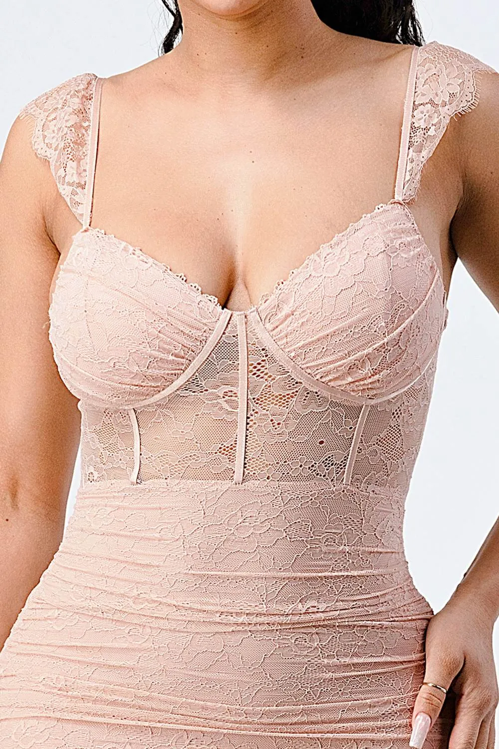 LUX LACE FLUTTER SEE-THRU CONTRAST MINI DRESS