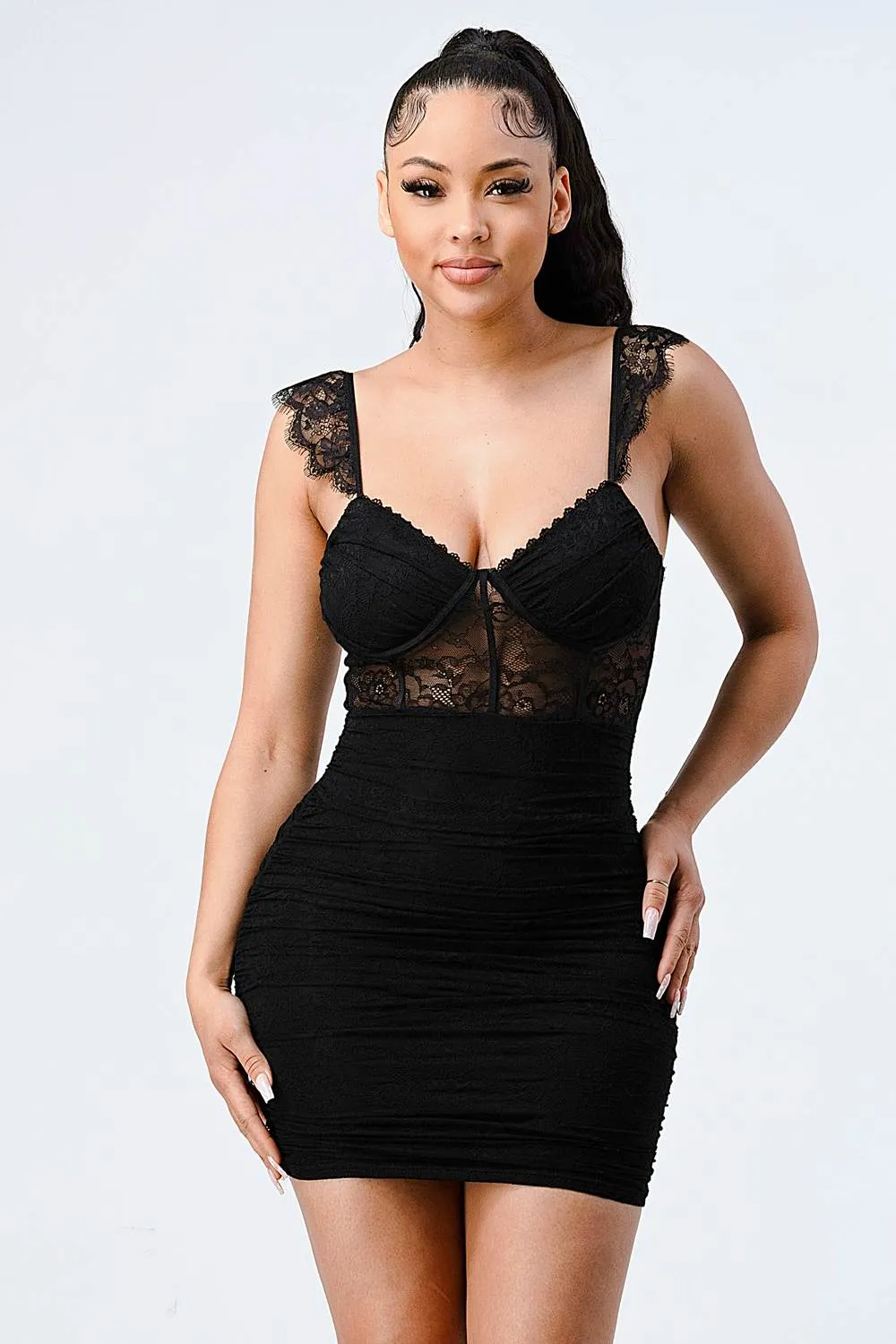 LUX LACE FLUTTER SEE-THRU CONTRAST MINI DRESS