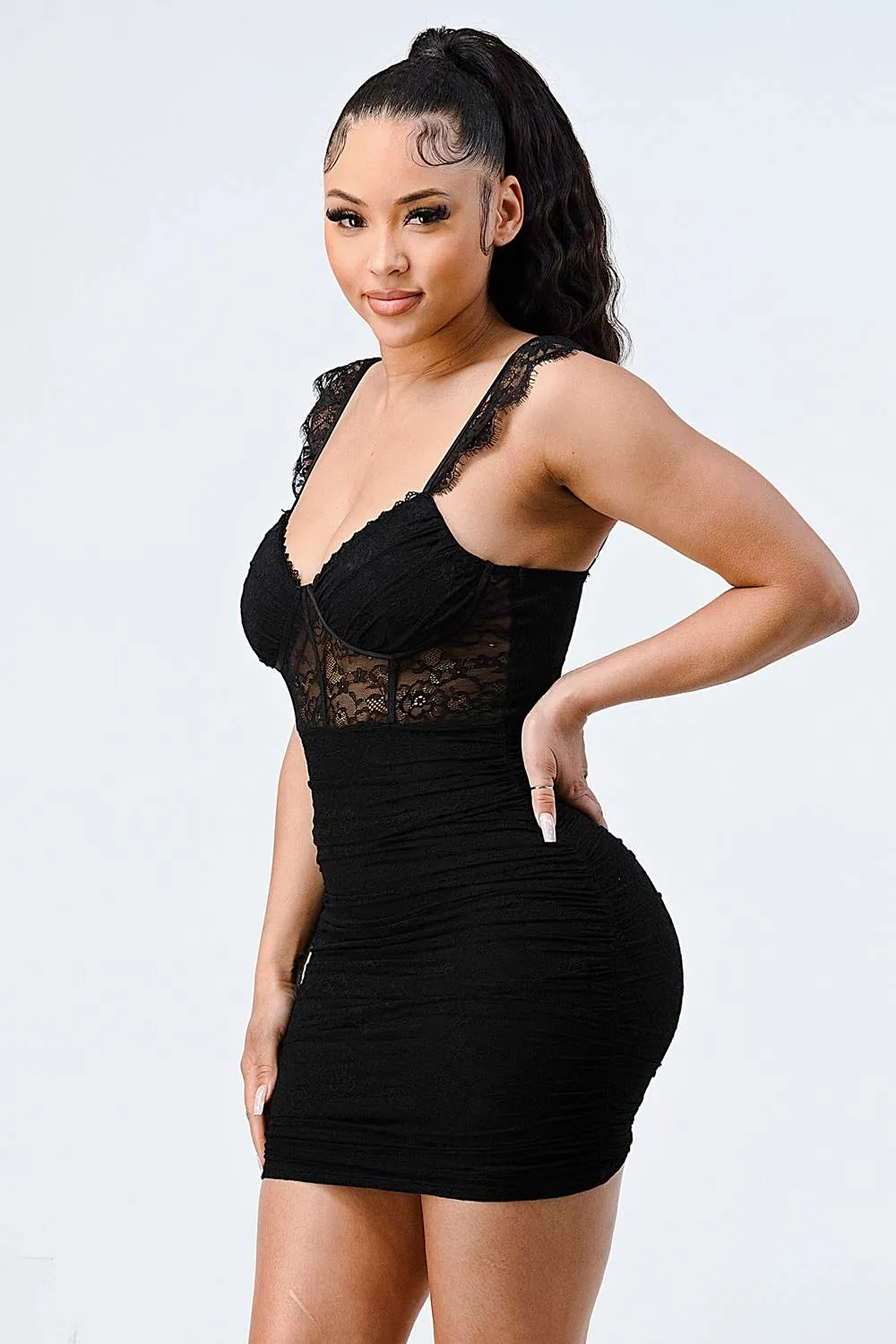 LUX LACE FLUTTER SEE-THRU CONTRAST MINI DRESS