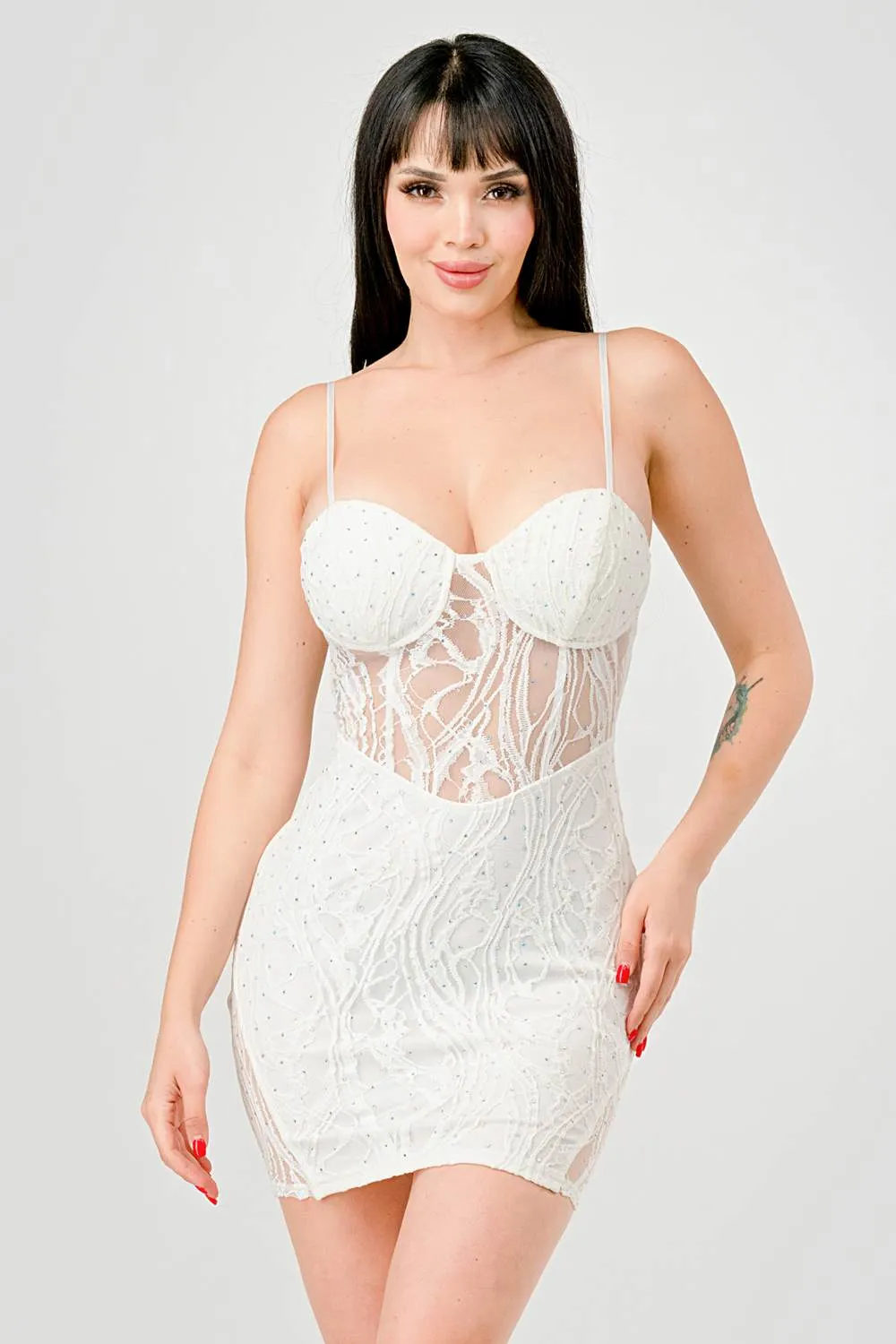 LUXE EMBELLISHED LACE SWEETHEART SEE-THRU DRESS