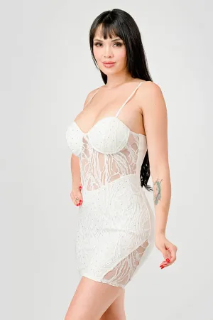LUXE EMBELLISHED LACE SWEETHEART SEE-THRU DRESS