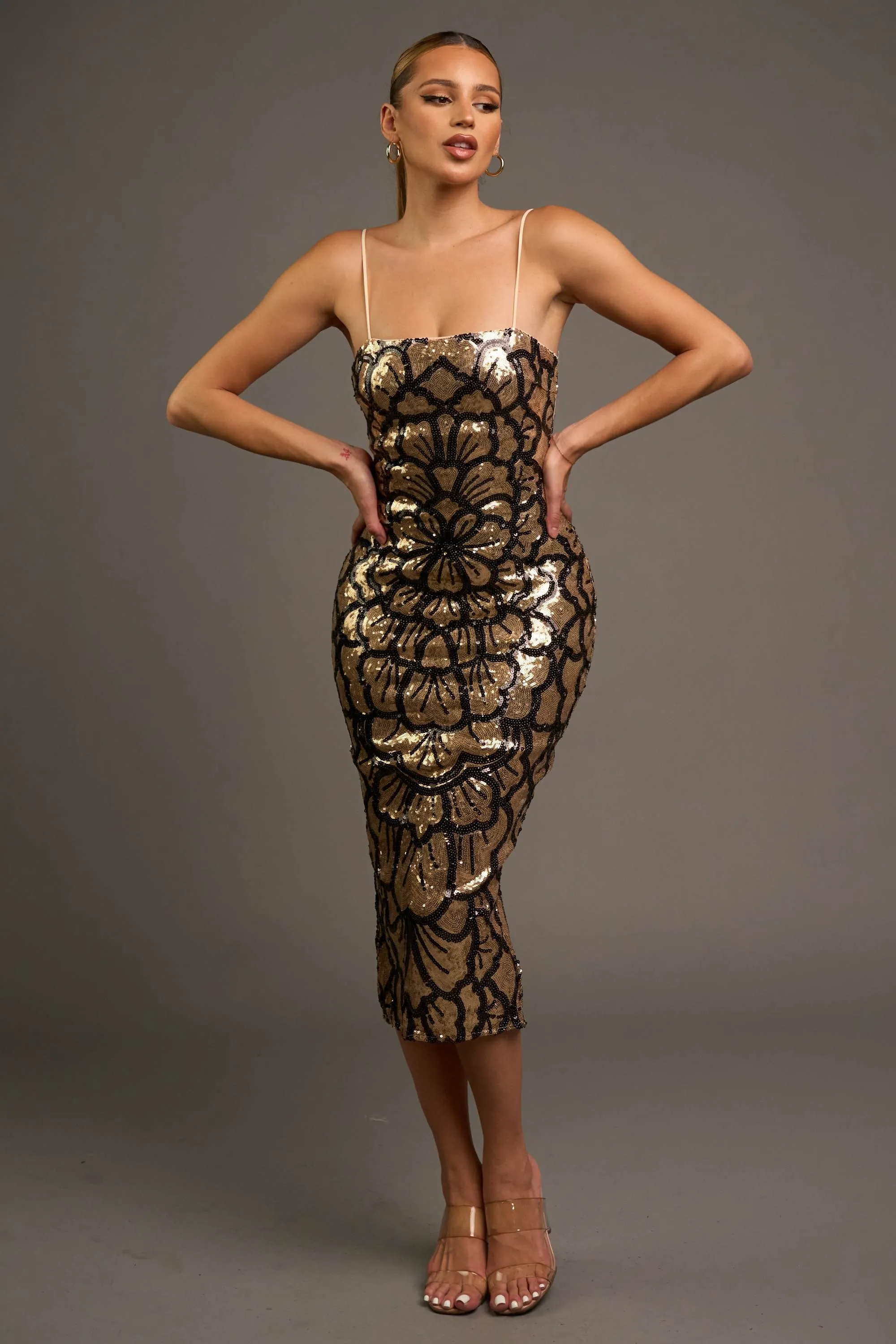 LUXE GOLD SEQUINS SLEEVELESS BODYCON MIDI DRESS