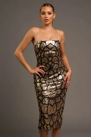 LUXE GOLD SEQUINS SLEEVELESS BODYCON MIDI DRESS