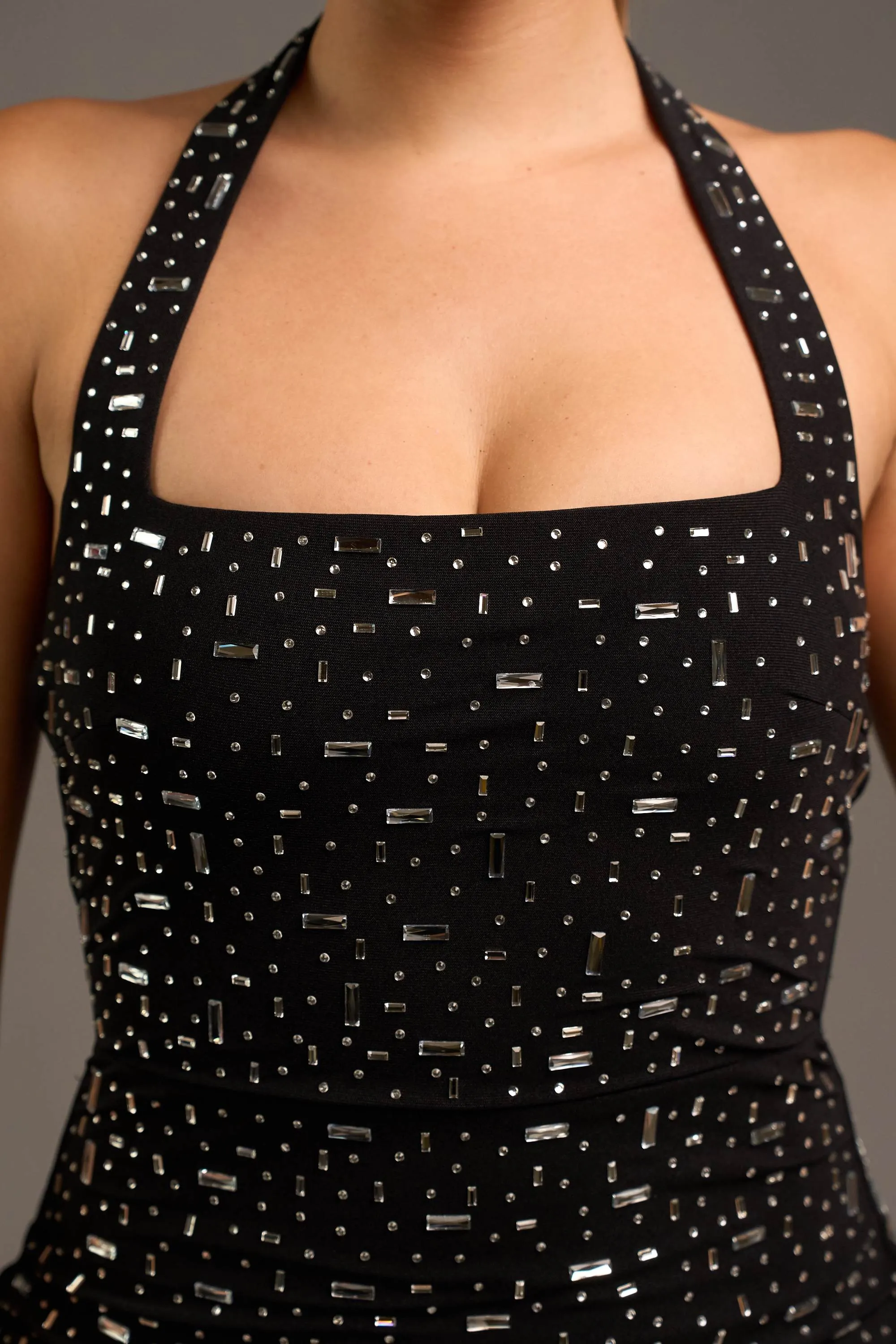 LUXE HOTFIX STONES MESH HALTER BODYCON MINI DRESS