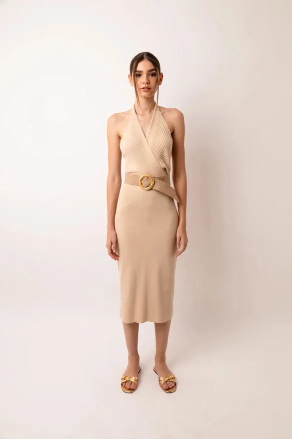 Marrakech Knit Fitted Halter Neck Midi Dress  Beige