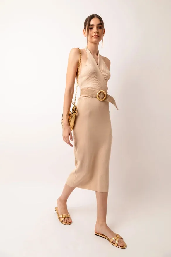 Marrakech Knit Fitted Halter Neck Midi Dress  Beige