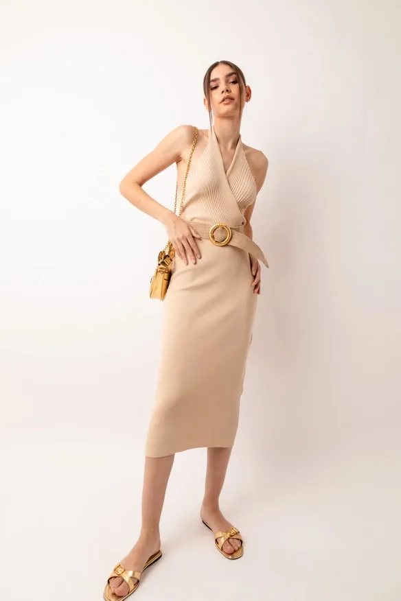 Marrakech Knit Fitted Halter Neck Midi Dress  Beige