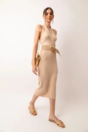 Marrakech Knit Fitted Halter Neck Midi Dress  Beige