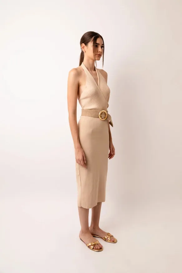 Marrakech Knit Fitted Halter Neck Midi Dress  Beige