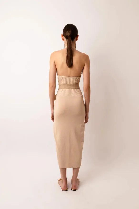 Marrakech Knit Fitted Halter Neck Midi Dress  Beige