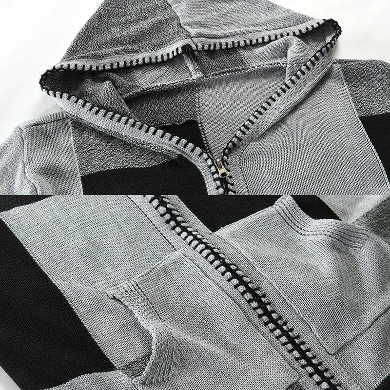 Men's Loose Color Contrast Hooded Knitted Cardigan 19088066L