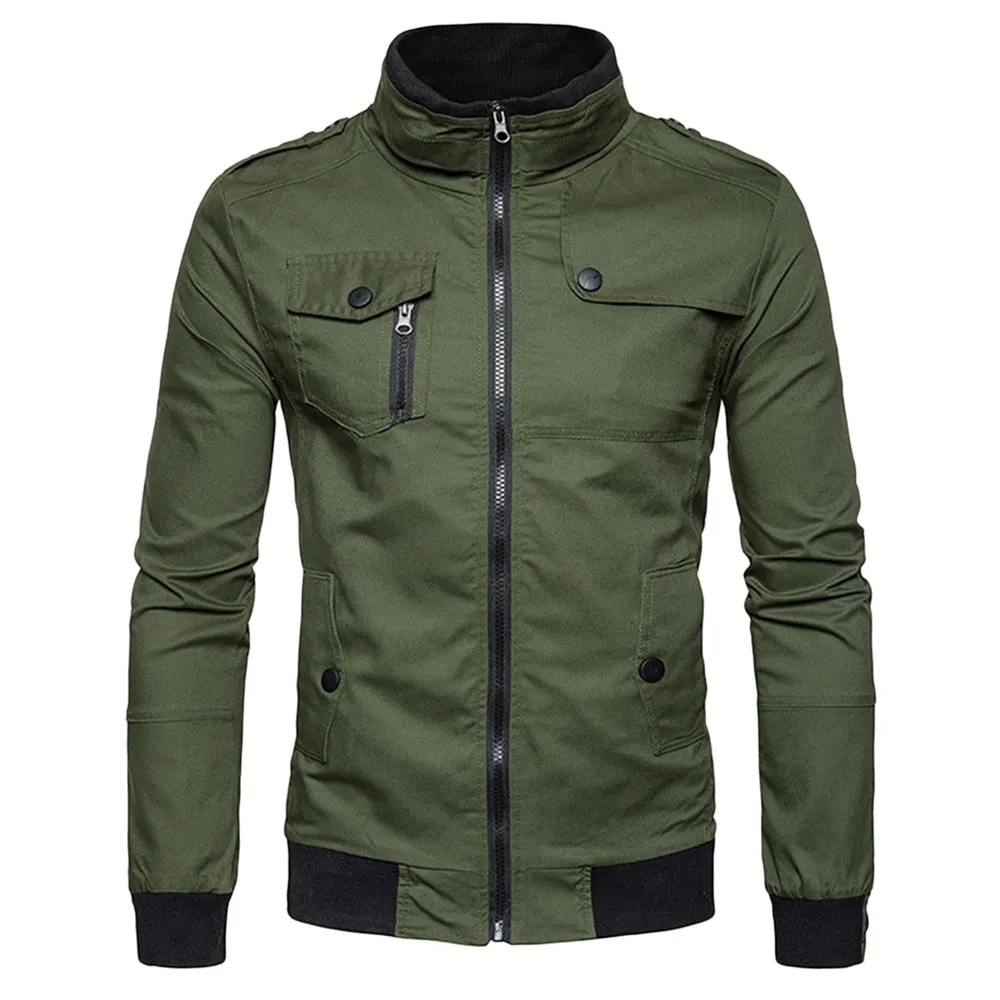 Men's Solid Color Epaulet Design Pockets Zip Up Cargo Jacket