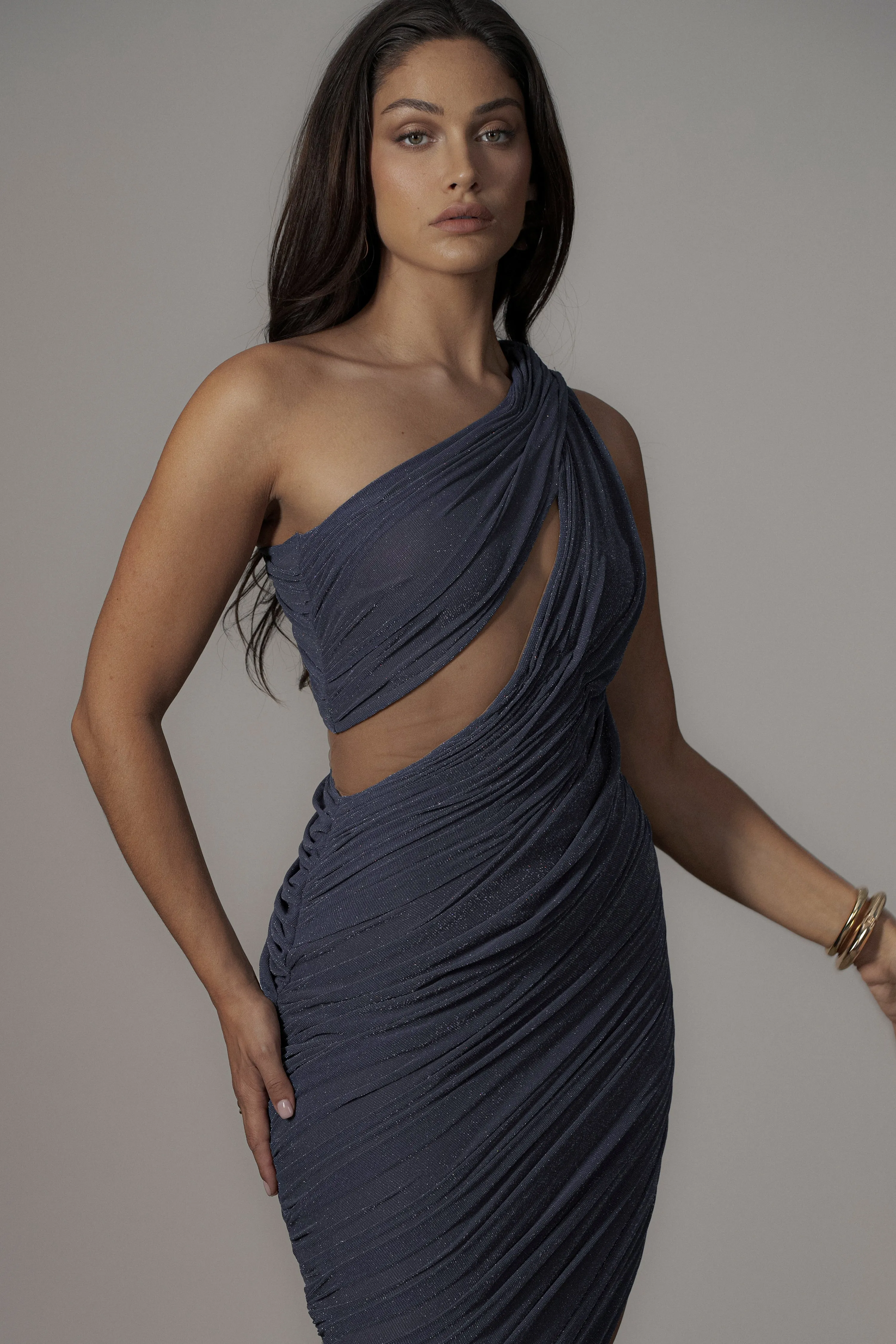 Midnight Blue Aura Shimmer Midi Dress