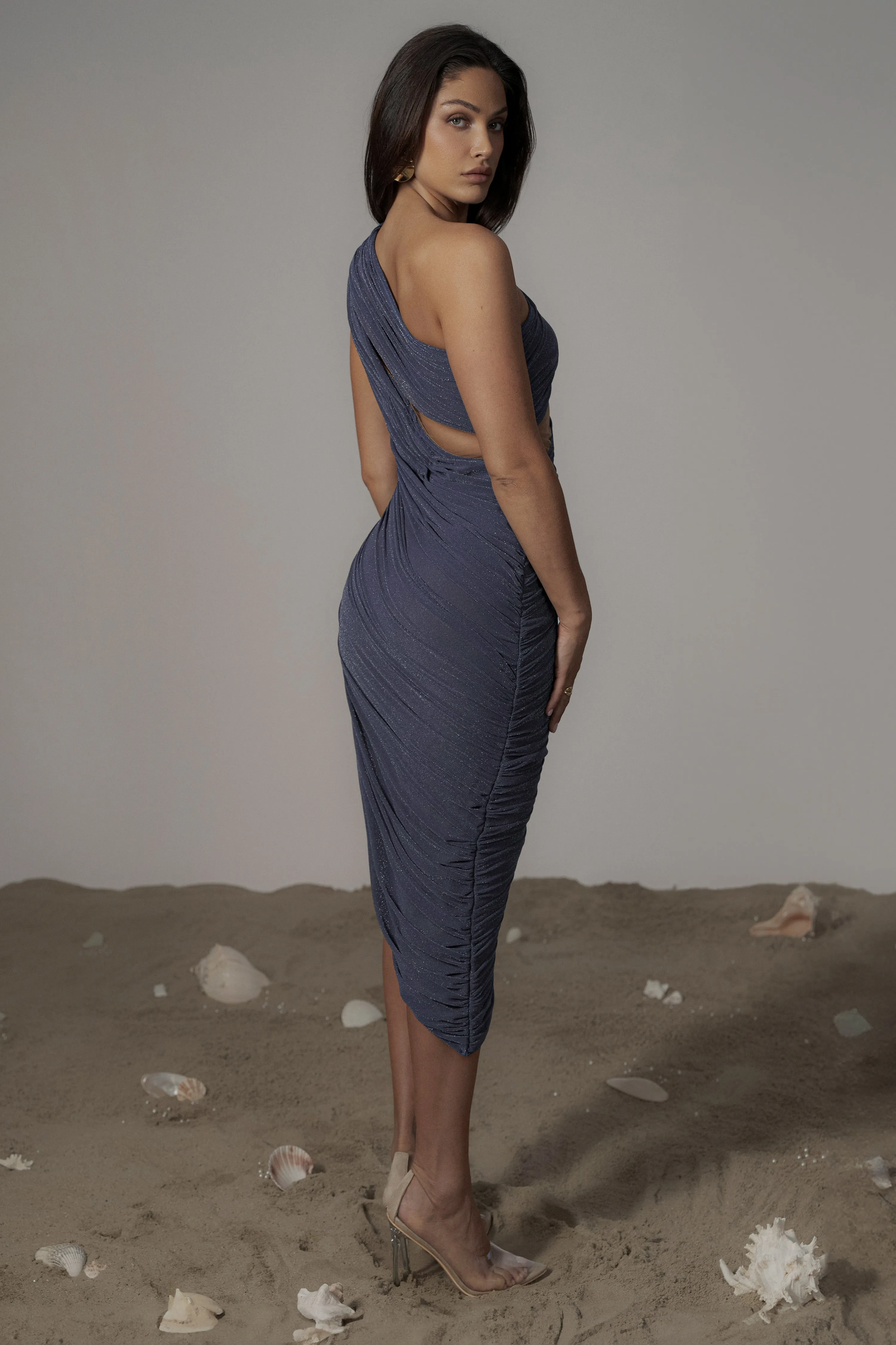 Midnight Blue Aura Shimmer Midi Dress