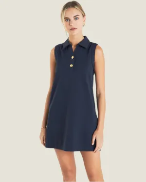 Navy Knit Buttoned Collared Mini Dress