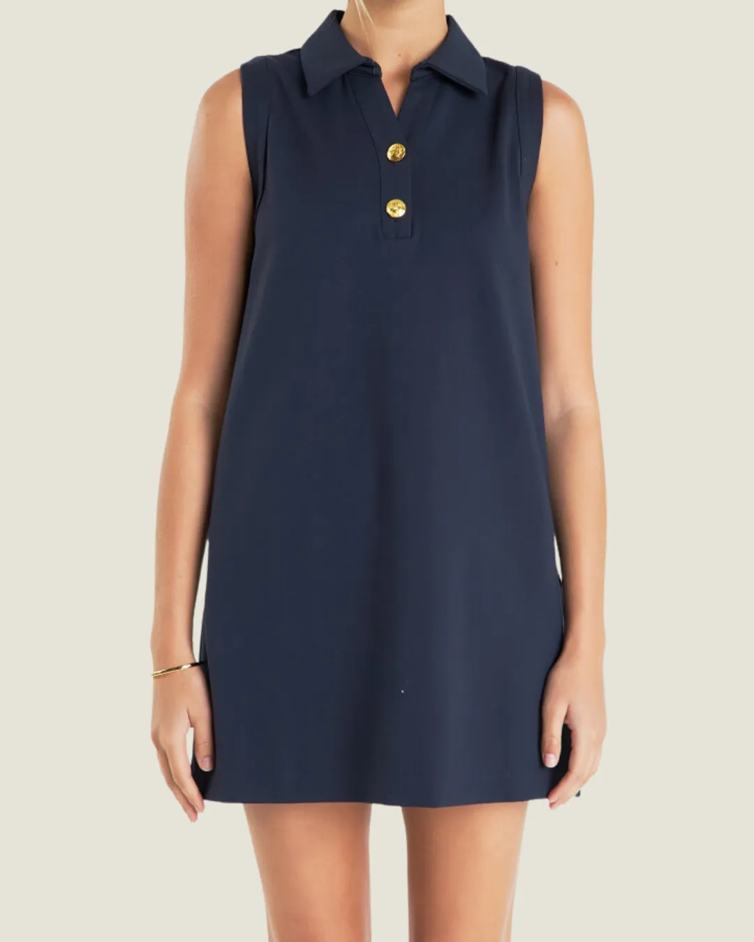 Navy Knit Buttoned Collared Mini Dress