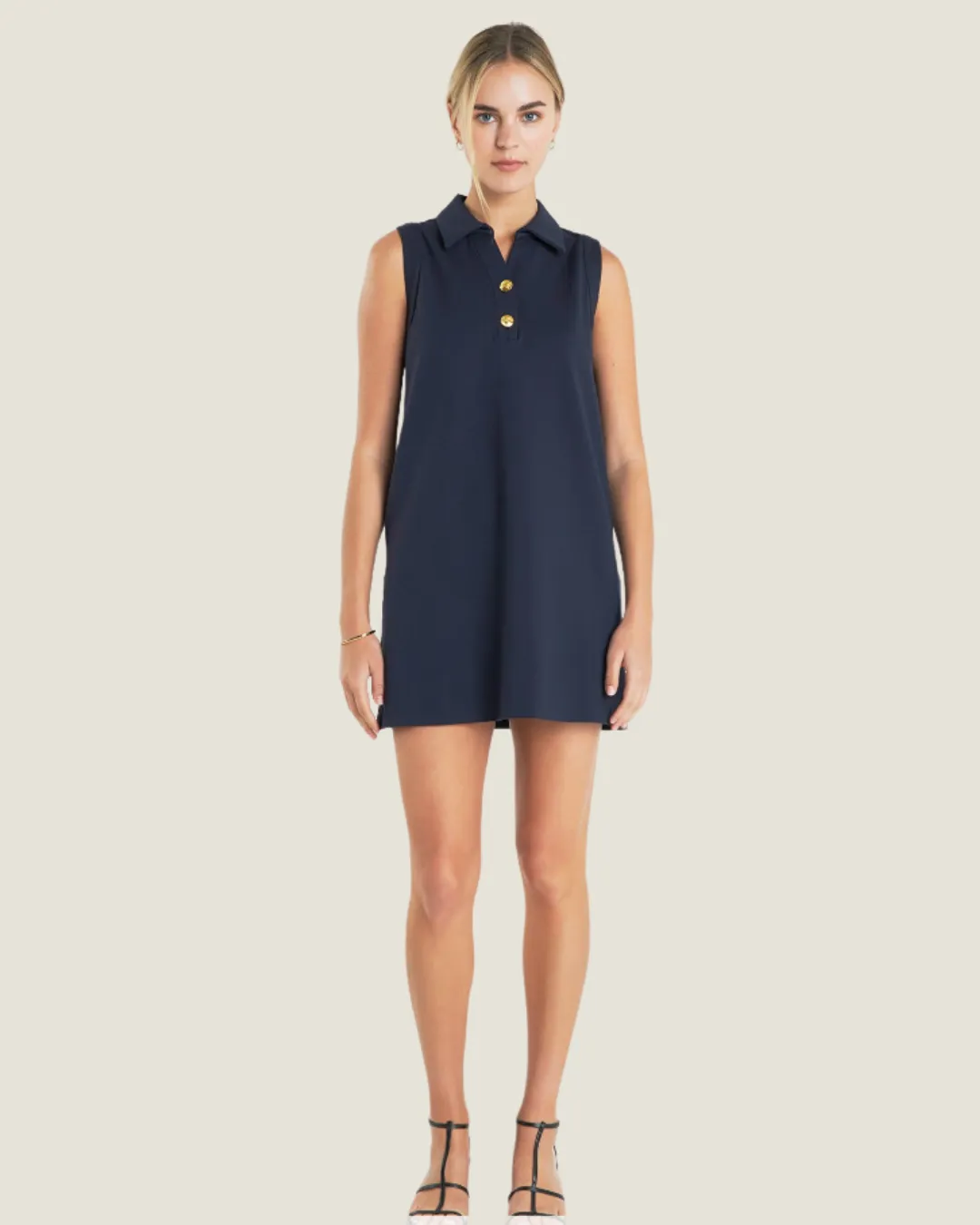Navy Knit Buttoned Collared Mini Dress