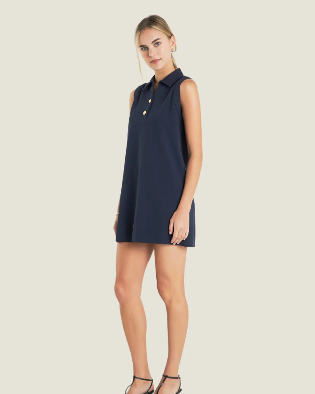 Navy Knit Buttoned Collared Mini Dress