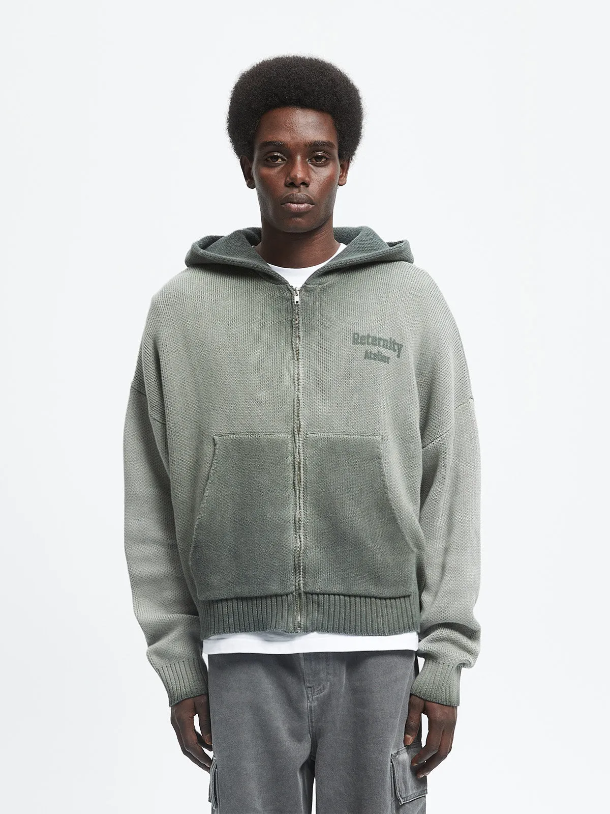 OIL WASHED KNIT ZIP HOODIE - KHAKI
