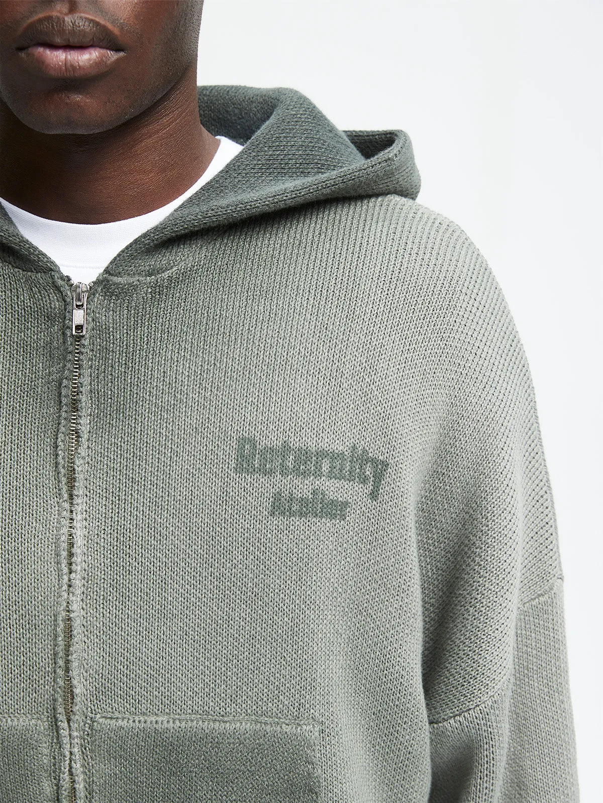 OIL WASHED KNIT ZIP HOODIE - KHAKI