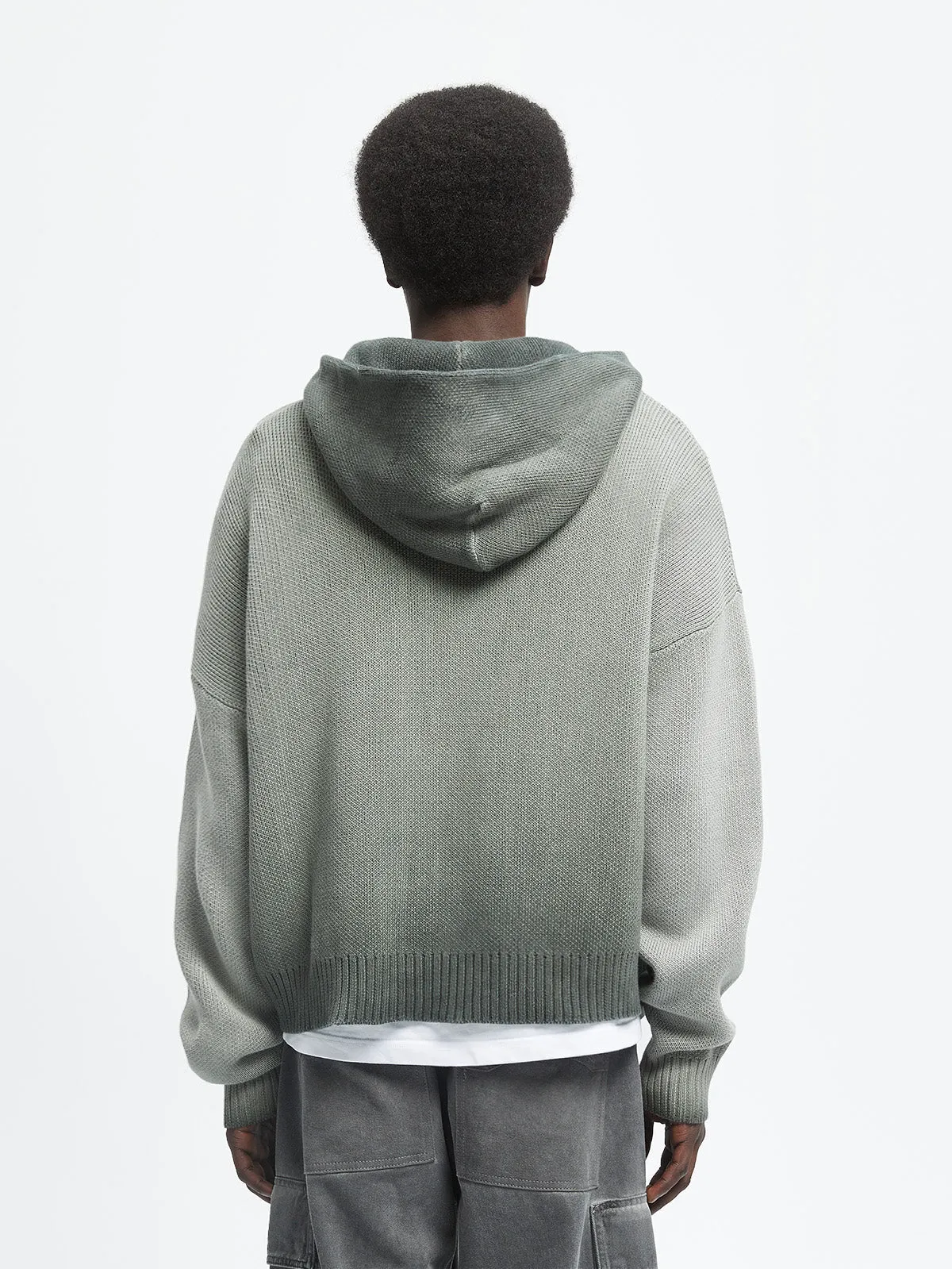 OIL WASHED KNIT ZIP HOODIE - KHAKI