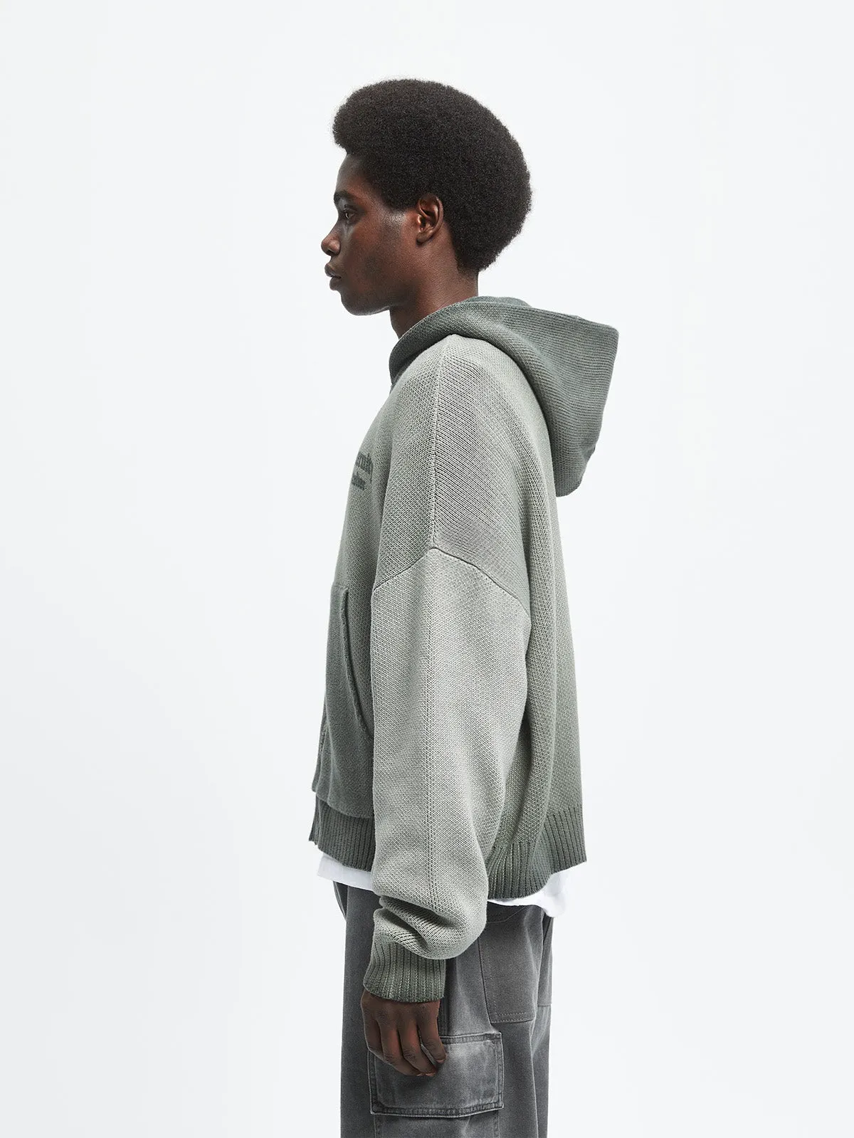 OIL WASHED KNIT ZIP HOODIE - KHAKI