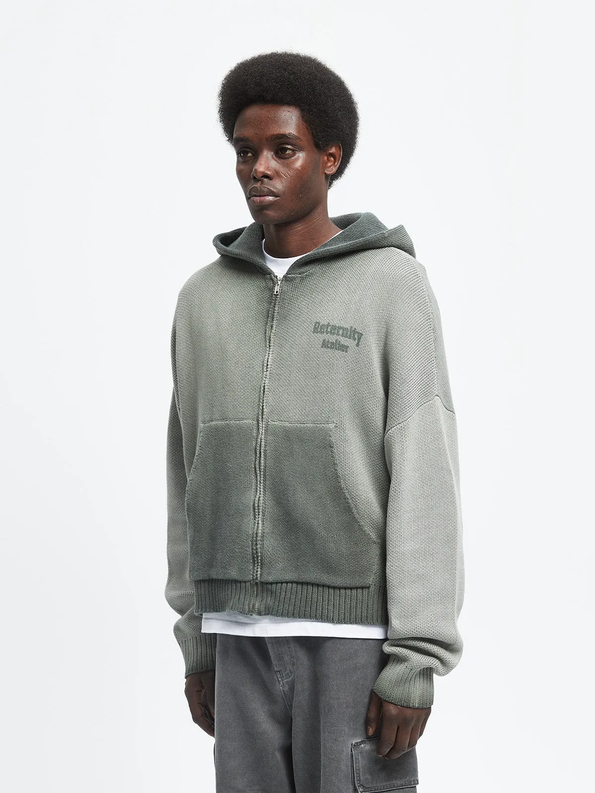 OIL WASHED KNIT ZIP HOODIE - KHAKI
