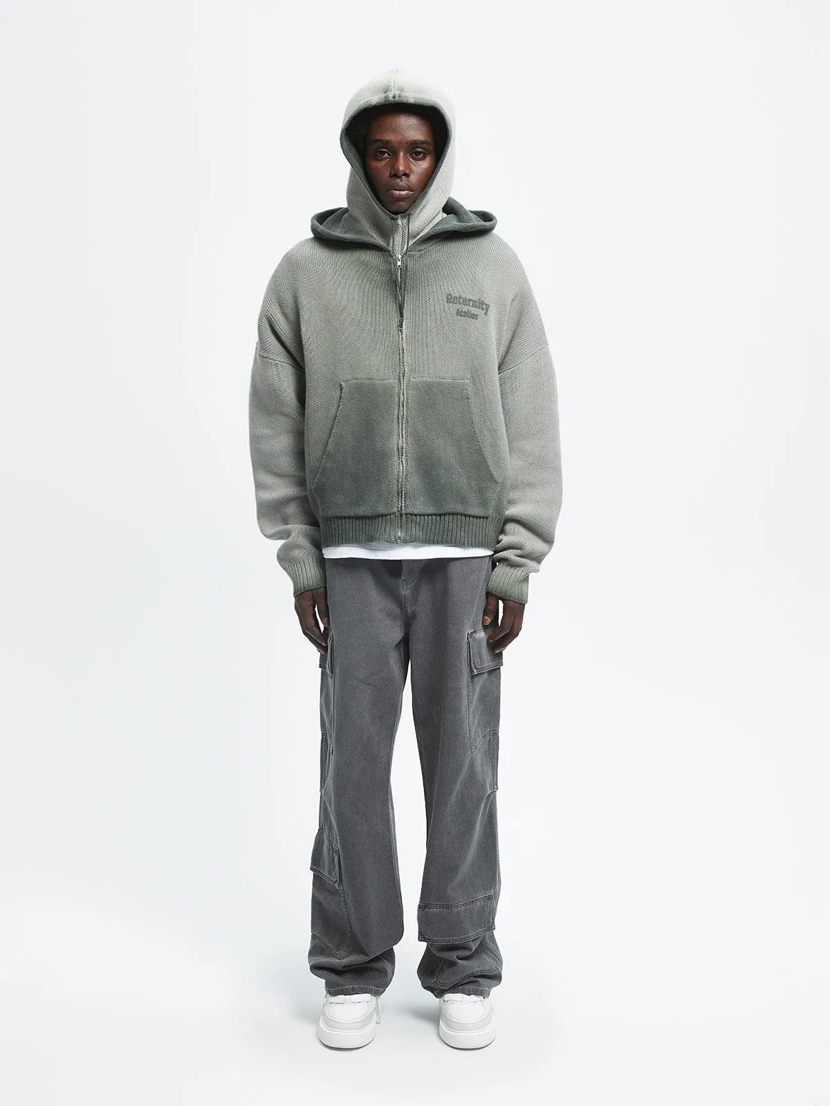 OIL WASHED KNIT ZIP HOODIE - KHAKI