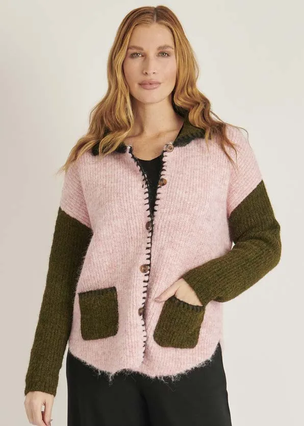 Patch Pocket Cardigan - Pink & Green Combo