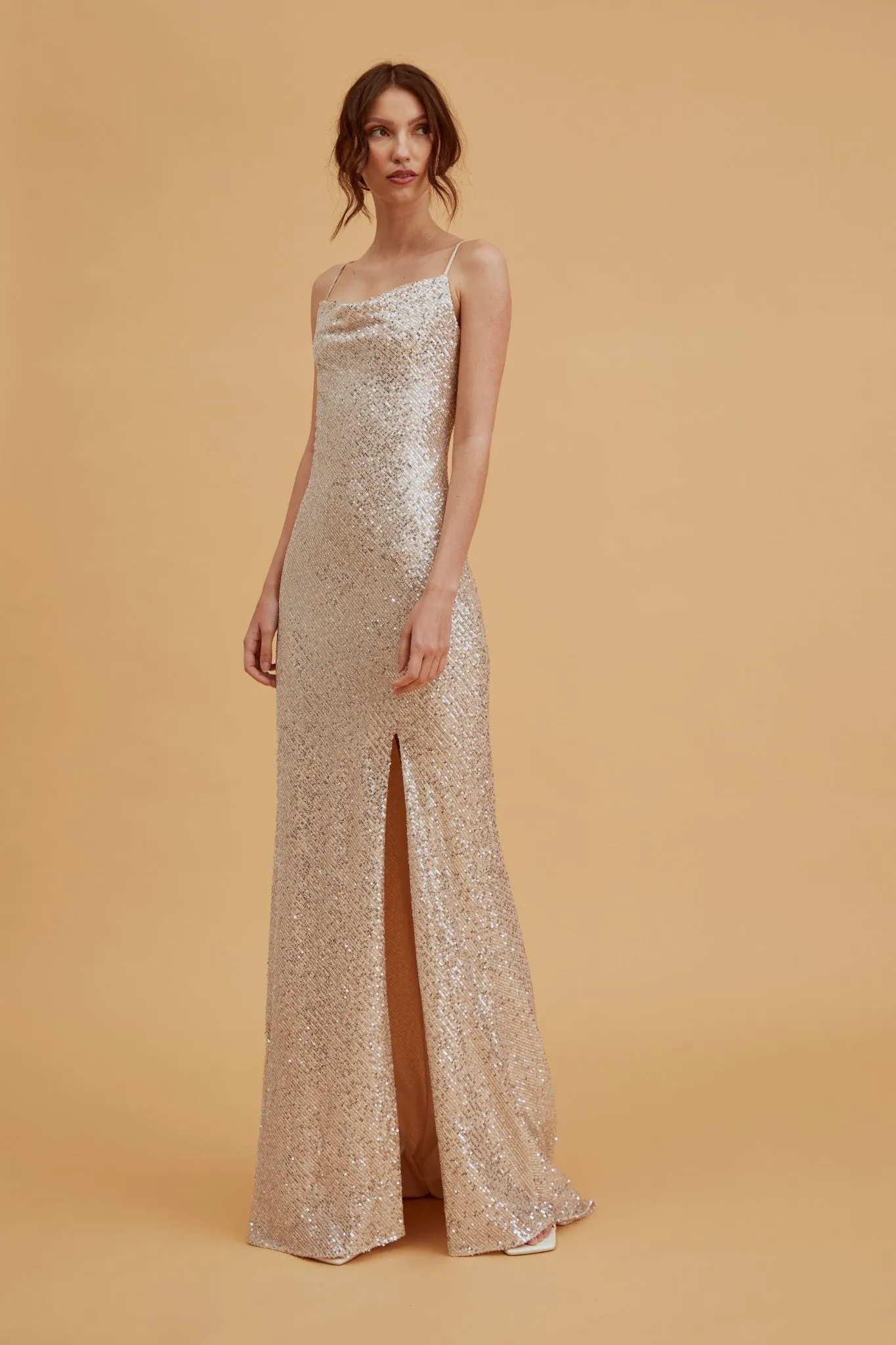 Pippa Champagne Sequin Cowl-Neck Slip Dress