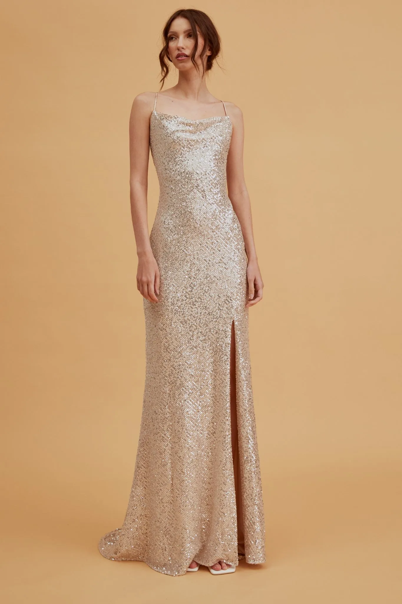 Pippa Champagne Sequin Cowl-Neck Slip Dress