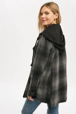 Plaid Shirt Jacket with Unbalanced Raw Hem and Hood