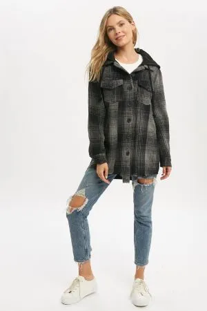 Plaid Shirt Jacket with Unbalanced Raw Hem and Hood