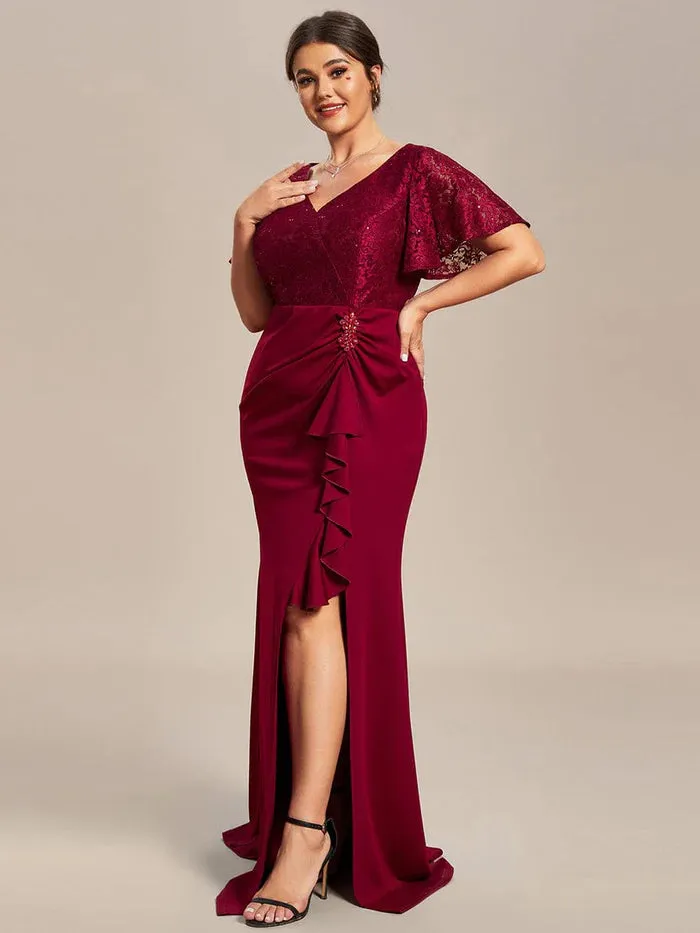 Plus Size Lotus Leaf Hemline Bodycon Lace Top Mother of the Bride Dress