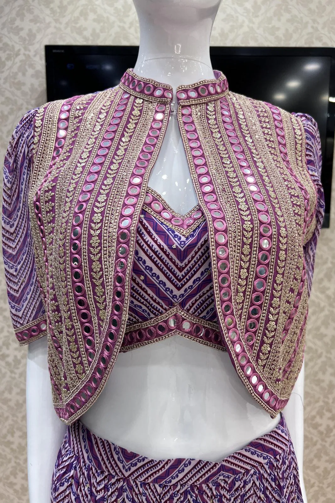 Purple Digital Print, Sequins, Zari and Thread work Crop Top with Overcoat Styled Palazzo Suit Set
