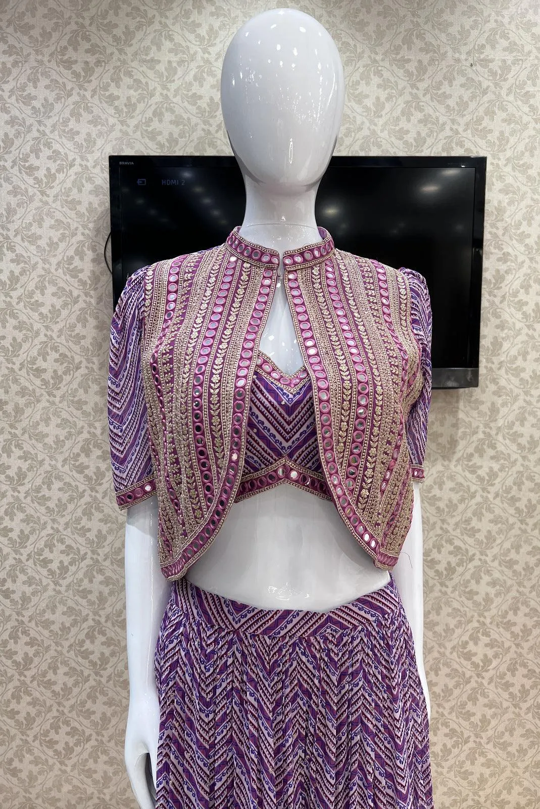 Purple Digital Print, Sequins, Zari and Thread work Crop Top with Overcoat Styled Palazzo Suit Set