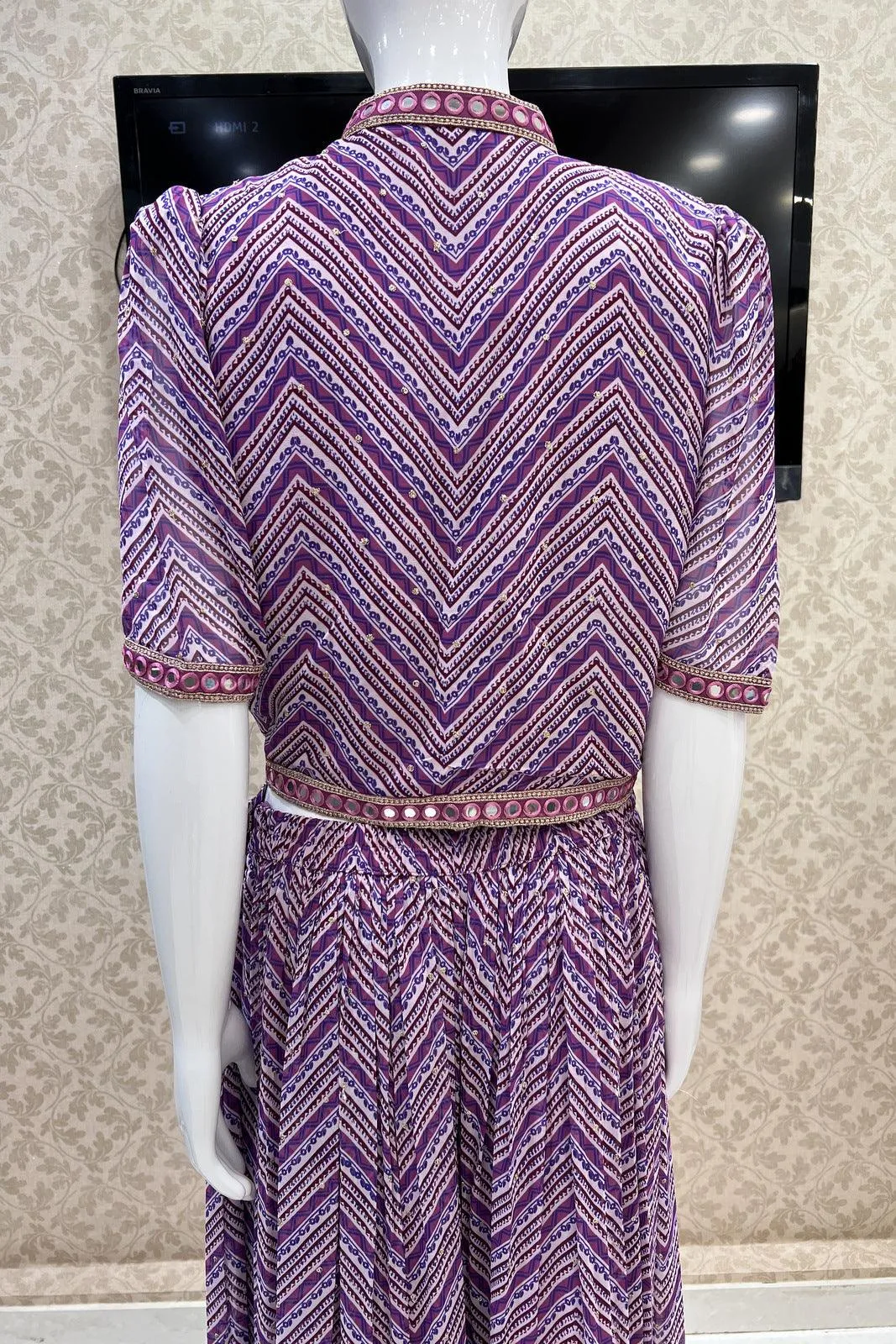 Purple Digital Print, Sequins, Zari and Thread work Crop Top with Overcoat Styled Palazzo Suit Set