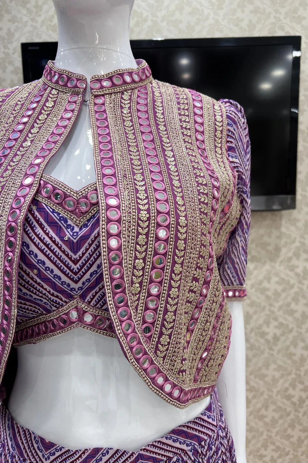 Purple Digital Print, Sequins, Zari and Thread work Crop Top with Overcoat Styled Palazzo Suit Set