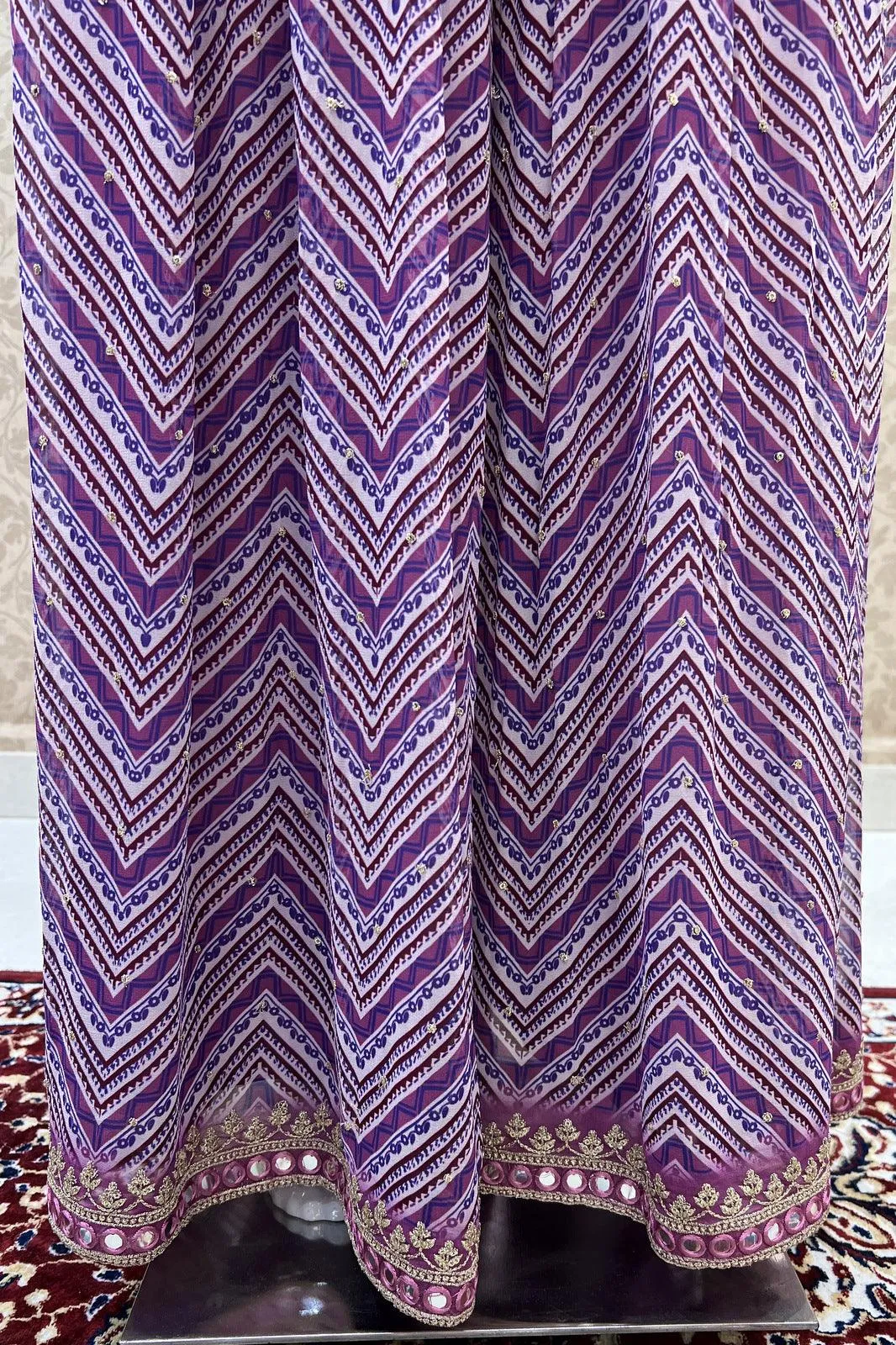 Purple Digital Print, Sequins, Zari and Thread work Crop Top with Overcoat Styled Palazzo Suit Set