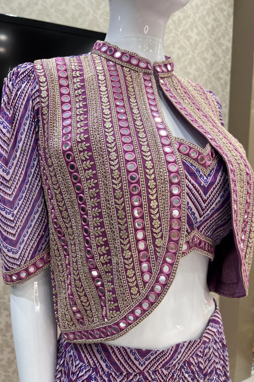 Purple Digital Print, Sequins, Zari and Thread work Crop Top with Overcoat Styled Palazzo Suit Set